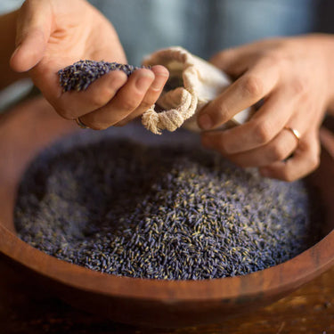 A bowl of organic lavender being placed into muslin bags. 