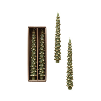 Tree Shaped Taper Candles with Gold Tips - Evergreen, in the 10" size.