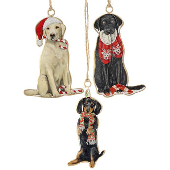 4 inch long metal ornament of dogs featuring a golden retriever, black Labrador retriever and a dachshund. 