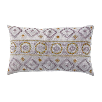 Cotton Velvet Lumbar Pillow with Embroidered Pattern & Chambray Back