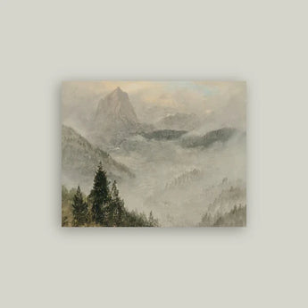 Celestial Mountain Artist Board featuring a misty morning scene in the mountains. 