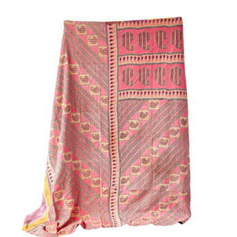 Vintage Kantha Quilt in pinks and oranges.