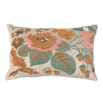 Velvet Lumbar Pillow with Floral Embroidery.