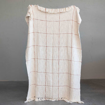 Cotton Slub Throw with Grid Pattern & Fringe