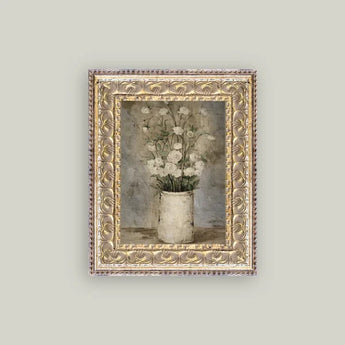 Framed vintage artwork of Long Stem White Roses.