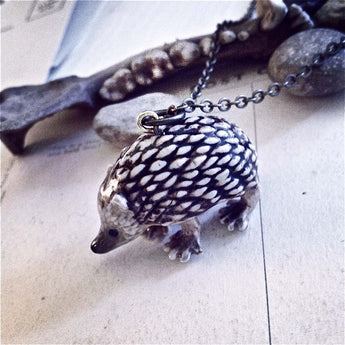 "Sven" Porcelain Hedgehog Pendant Necklace 28 inch long.