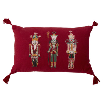 Nutcracker's Waltz Pillow in red with embroidered nutcrackers on the front. 