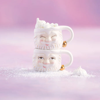 Hand-glazed ceramic mug featuring the face of Papa Noel in 2 styles, eyes closed & eyes open. 