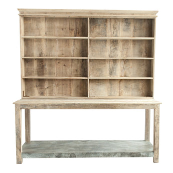 Reclaimed wood with natural finish kitchen hutch with rustic metal shelf for home storage and display. 