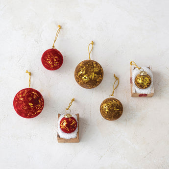 Flocked Glass Ball Ornament, Brown & Gold Finish