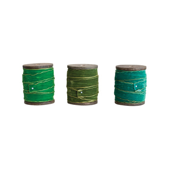 5 Yard Velvet Ribbon with Metallic Edges on Wood Spool - Greens