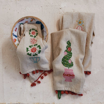 Linen Blend Printed Tea Towel with Topiary, Pom Pom Trim and Loop add the perfect holiday charm to your kitchen.