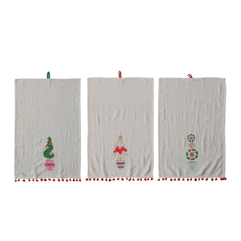 Linen Blend Printed Tea Towel with Topiary, Pom Pom Trim and Loop in 3 styles. 