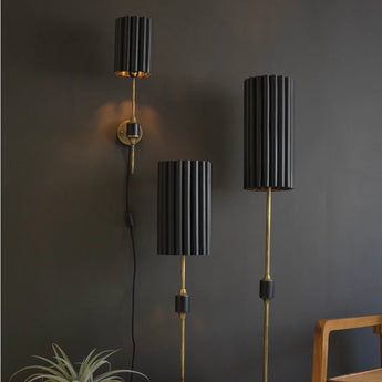 Antique Gold Wall Lamp with Fluted Black Metal Shade