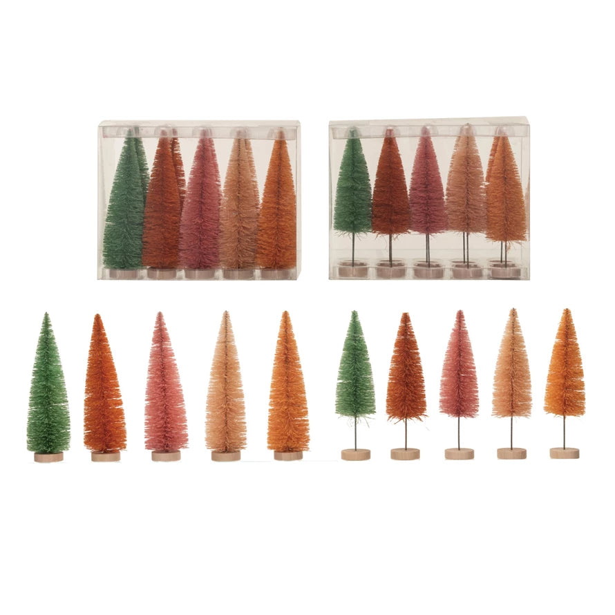 Sisal Bottle Brush Trees with Wood Bases, Sherbet Colors, Boxed Set of 10 in two different styles.