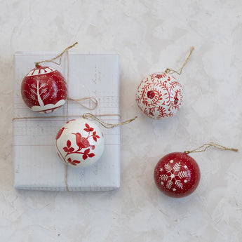 3" Round Hand-Painted Paper Mache Ball Ornament with Pattern in four different styles.