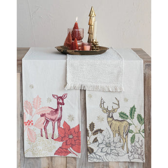 Nature themed Cotton and Linen Printed Table Runner with Metallic Gold Thread Embroidery