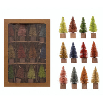 Box set of twelve unique colored sisal bottle brush trees with a wooden base. 