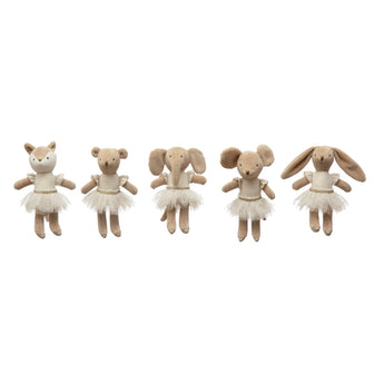 Five styles of plush ballerina animals in cream tones. 
