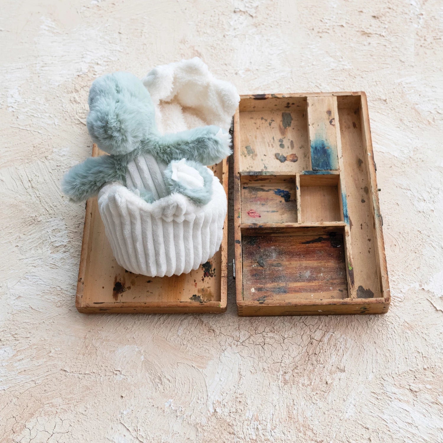 Plush Dinosaur & Egg Toy, Set of 2 styled in a vintage wooden box. 