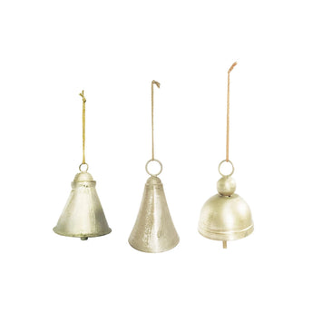 Three different styles of Hanging Metal Bells with Distressed Pewter Finish.