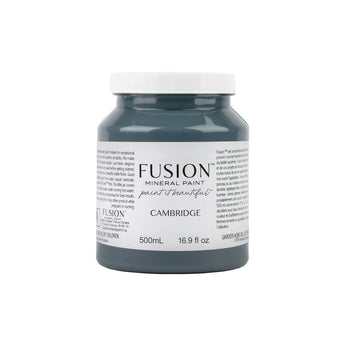 Fusion Mineral Paint pint jar in Cambridge, a deep, elegantly weathered blue shade with grey undertones, 500mL.