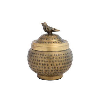 Decorative Hammered Metal Container with Lid & Bird Finial