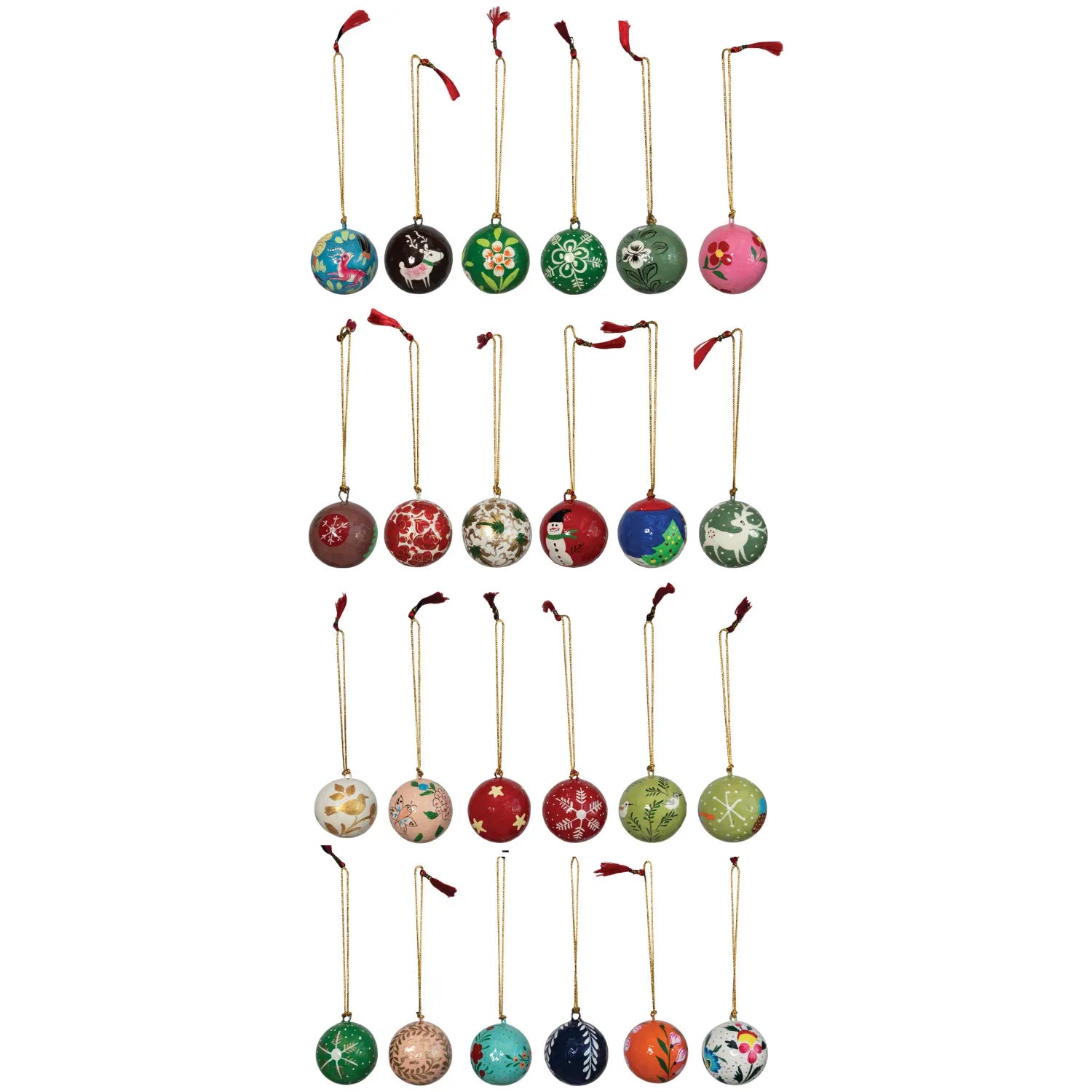 Painted 1-inch round ball ornaments with gold hangers and  red tassel ends.