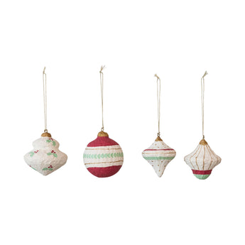 Handmade Paper Mache Ornament with Metallic Gold Details in white, red, green and gold. 