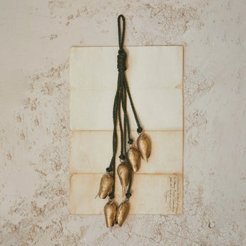 Hanging Metal Bells with Rope Hanger with antique gold finish. 