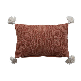 Cotton Lumbar Pillow with Embroidery & Tassels