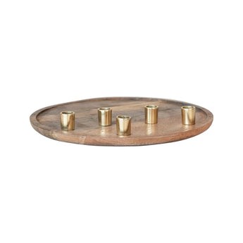 Decorative Mango Wood and Aluminum Tray Taper Holder that has space for 5 tapers. 