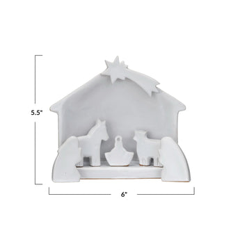 Stoneware Nativity with White Reactive Glaze measures 5.5 inches high by 6 inches wide. 