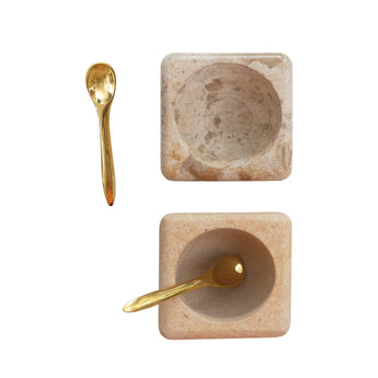 Marble and sandstone pinch pots, each including a brass spoon.