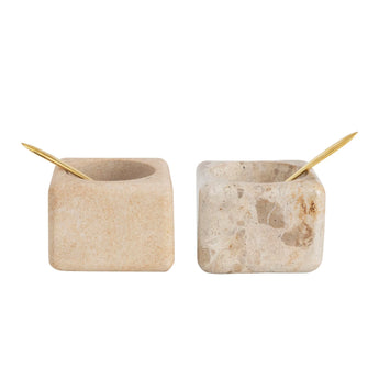 Marble and sandstone pinch pots, each including a brass spoon.