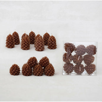 Unscented pinecone shaped tea lights in the color brown. 