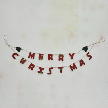 Handmade Wool Felt Merry Christmas Garland with Holly Leaves & Berries