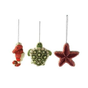 Three different styles of Cotton & Wool Sea Animal Ornament with Beads & Embroidery.