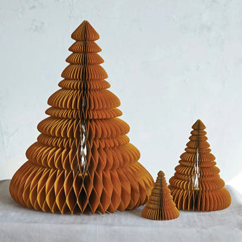 Chestnut colored honeycomb paper trees with gold glittered edges. 