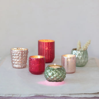 Mercury Glass Votive Holders, Set of 6 styled with tealights inside. 