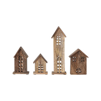 A set of 4 carved mango wood houses with a natural color in four different sizes.