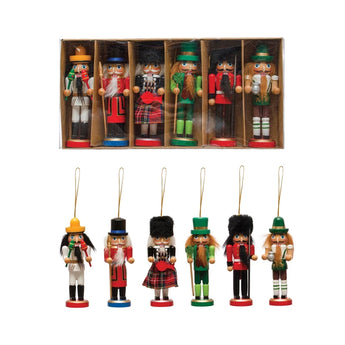 Pine Wood Nutcracker Ornaments, Boxed set of 6