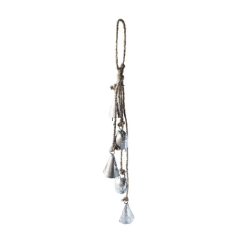 Handmade Hanging Metal Bells with Jute Rope in an antique silver finish. 