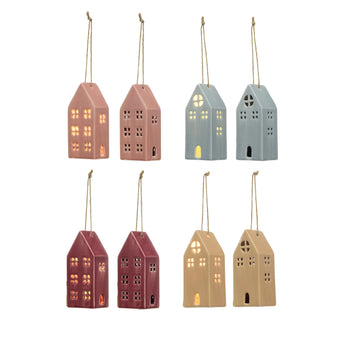 Stoneware LED House Ornament with four different colors and two different styles. 