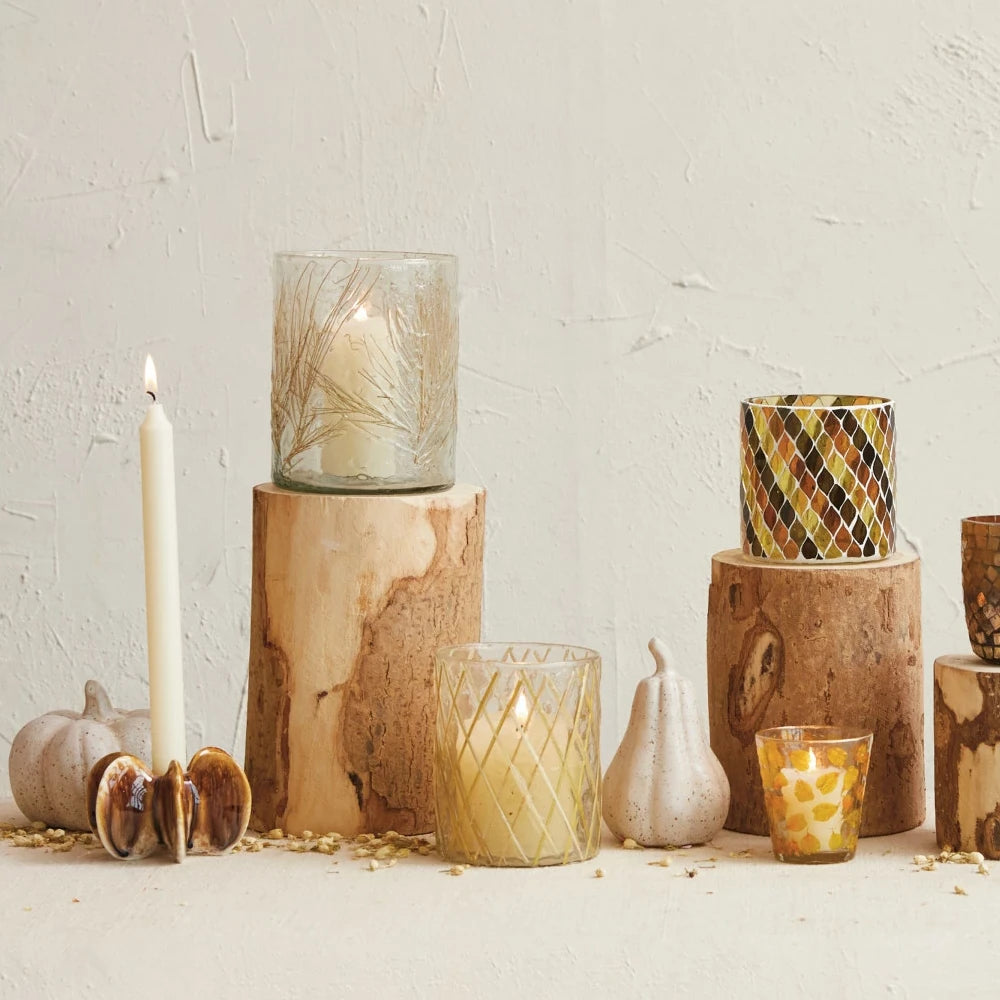 Stoneware Pleated Taper Holder with Reactive Glaze styled on table with various-candle-holders