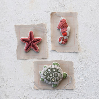 Three different styles of Cotton & Wool Sea Animal Ornament with Beads & Embroidery