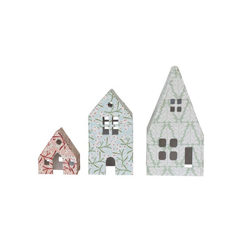 Three different sizes of Printed Paper Mache Houses with Berry & Tree Patterns.