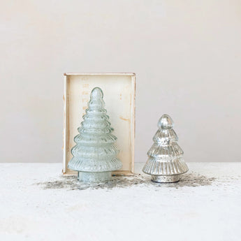 Two different styles of embossed mercury glass trees.