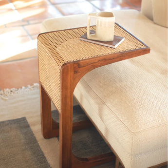 Wood Side Table with Woven Cane Detail