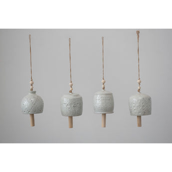 Stoneware Bell with Wood Beads - Cream